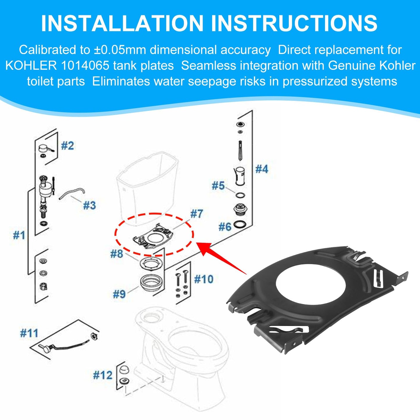 Toilet Tank Fastener Plate Replacement for KOHLER 1014065 Tank Plate, Kohler Toilet Tank Accessories - Heavy Duty Packaging - Millimeter Tolerances