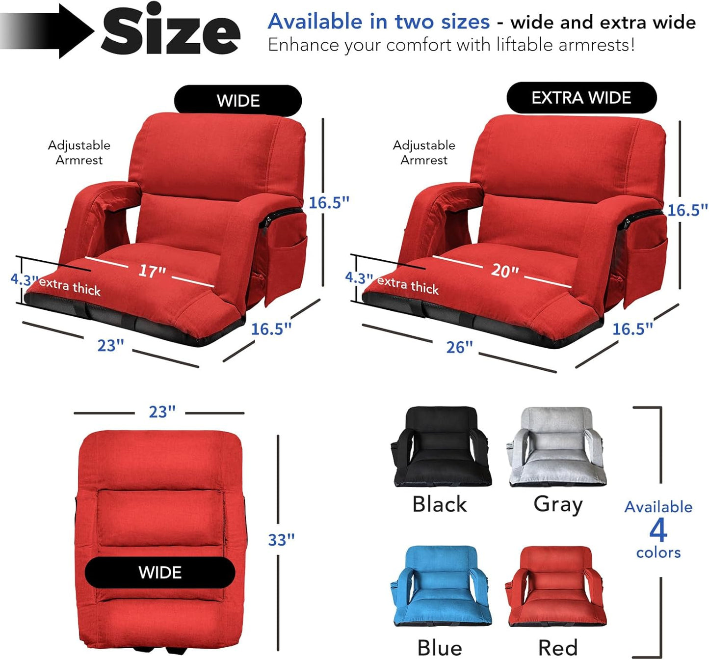 Skiennix Wide Stadium Seats - Extra Thick Bleacher Chairs With Back Support & Cushion | 6 Reclining Positions, Red (22.5")