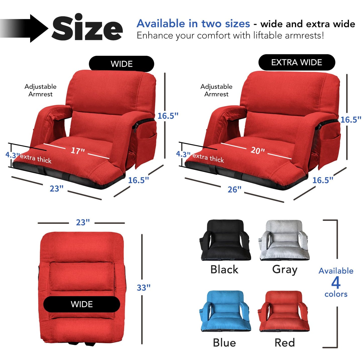 Wide Stadium Seats With Back Support 2 Pack, Exclusive "Sofa Style" Design Extra Thick Bleacher Chairs With Back and Cushion, 6 Reclining Positions - Ultimate Comfort for Sports Events (Red, 22.5")