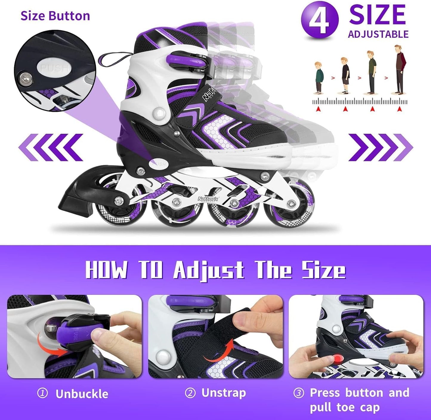 Nattork Adjustable Inline Skates - Light-Up Wheels for Kids | Beginner Roller Skates in Purple, Pink, Blue, Black