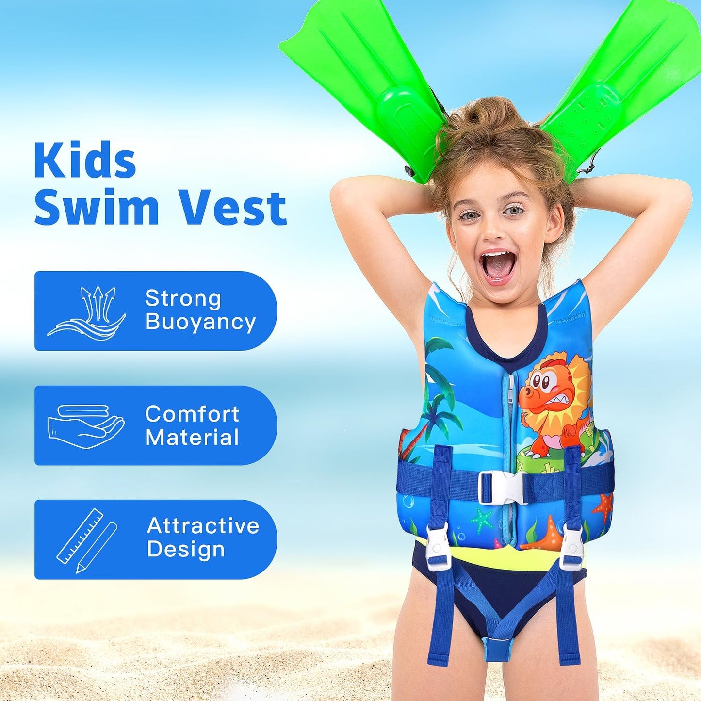 REALIKE Kids Swim Vest - Adjustable Toddler Floaties with Safety Strap | For Ages 2-10 Years (22-88lbs)
