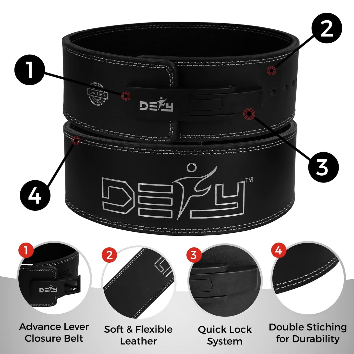 DEFY Lever Belt Cowhide Genuine Leather 10MM Gym Training Power Lifting Men & Women Weightlifting Belt Black (Small)