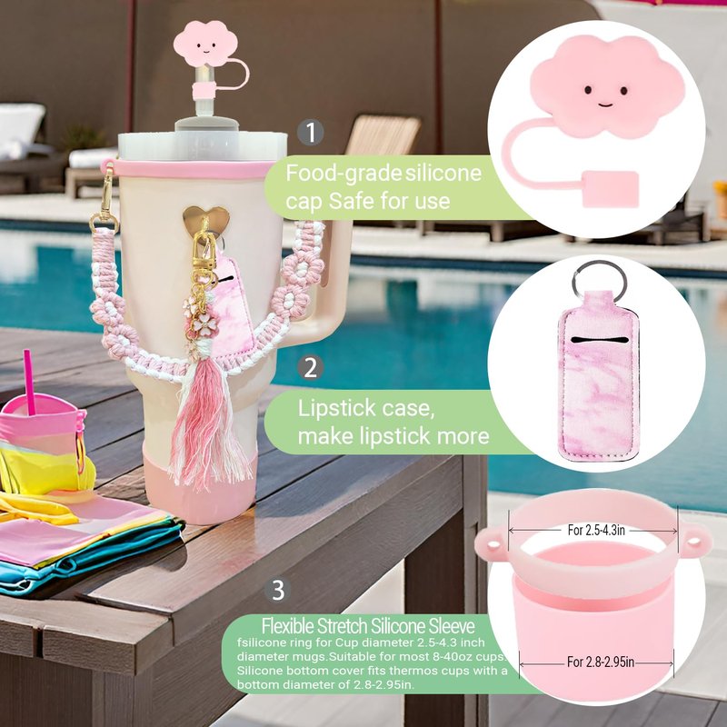 Stanley Cup Accessories 8pcs Set Including Water Bottle Handle Strap,Silicone Cup Boot, Straw Cover,Stanley Charms for 30oz/40oz Tumbler (Pink)