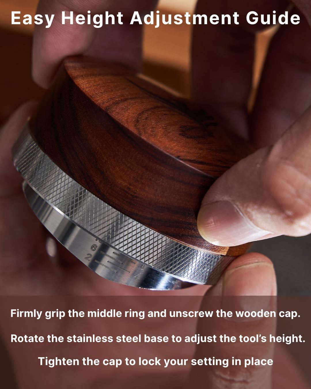 54mm Adjustable Espresso Distribution Tool - Stainless Steel & Rosewood for Breville Machines