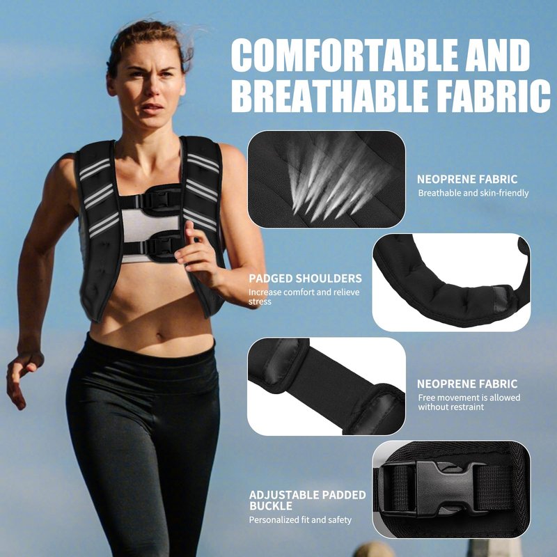 Weighted Vest for Women Men, 6lb/8lb/12lb/16lb/20lb/25lb/30lb Adjustable Weight Vest with Reflective Stripes for Workout, Strength Training, Running, Fitness, Muscle Building, Weight Loss, Rucking Vest (Black, 12lb)