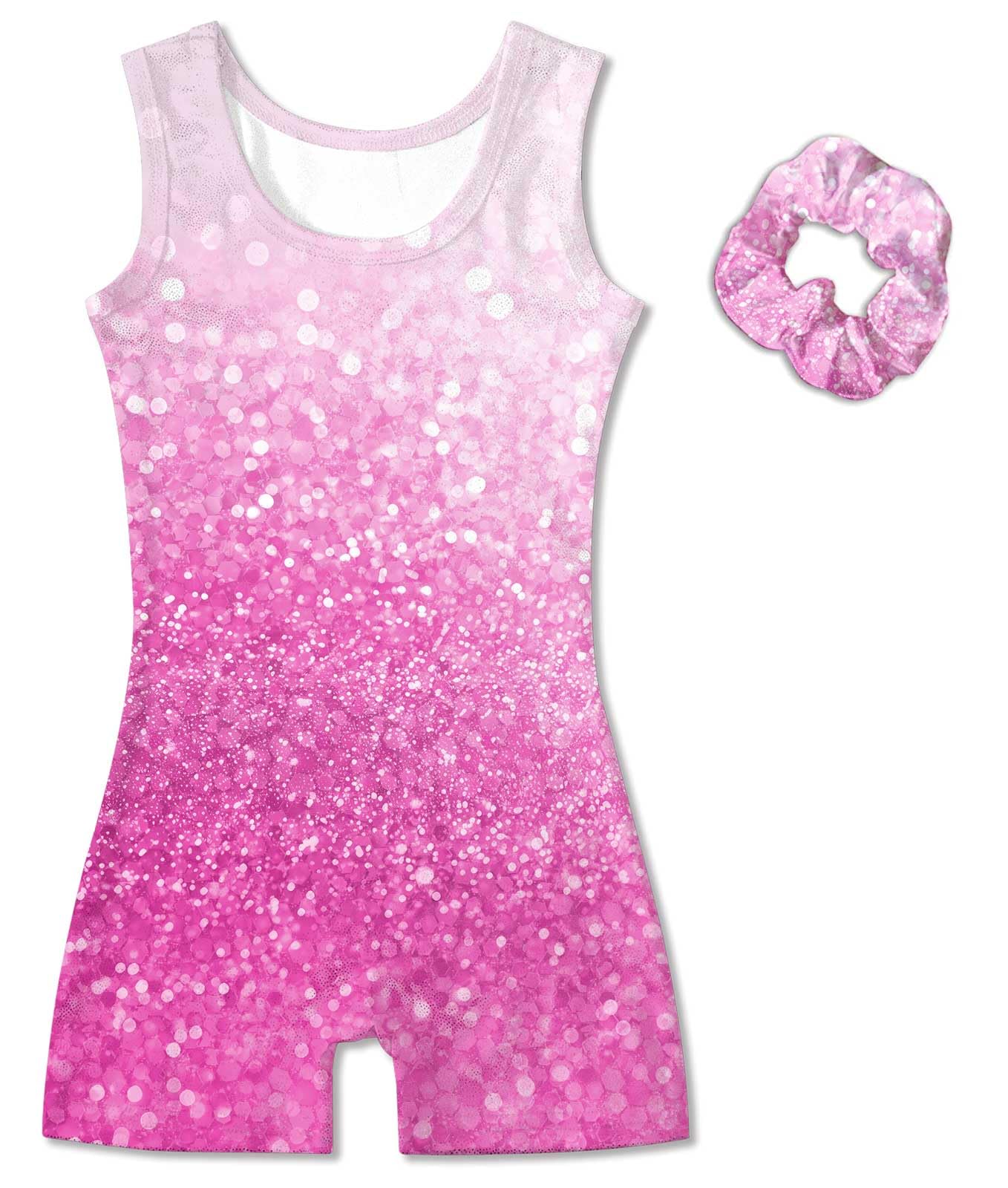 Vogseek 11 12 Years Girls Gymnastics Leotards with Hair Scrunchie Pink Sparkle Dots Active Biketards with Cover Shorts Girl's Cute Classic Ballet Unitards Sets,Pink Shiny