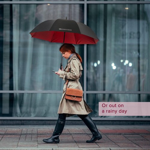 AlveyTech Black & Red Golf Umbrella - Durable Rainproof Fabric Parasol Cover with Foam Handle, Fast Acting Button and Strap, Weather Protection for Mobility Scooters, Power Chair Umbrella Holders