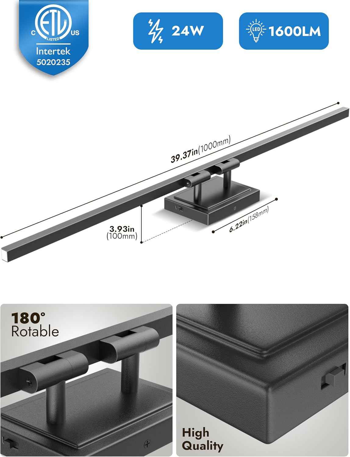 NIORSUN 24-Inch Dimmable LED Bathroom Vanity Light Fixture - Modern Black Over Mirror Lighting, 5CCT, ETL Certified