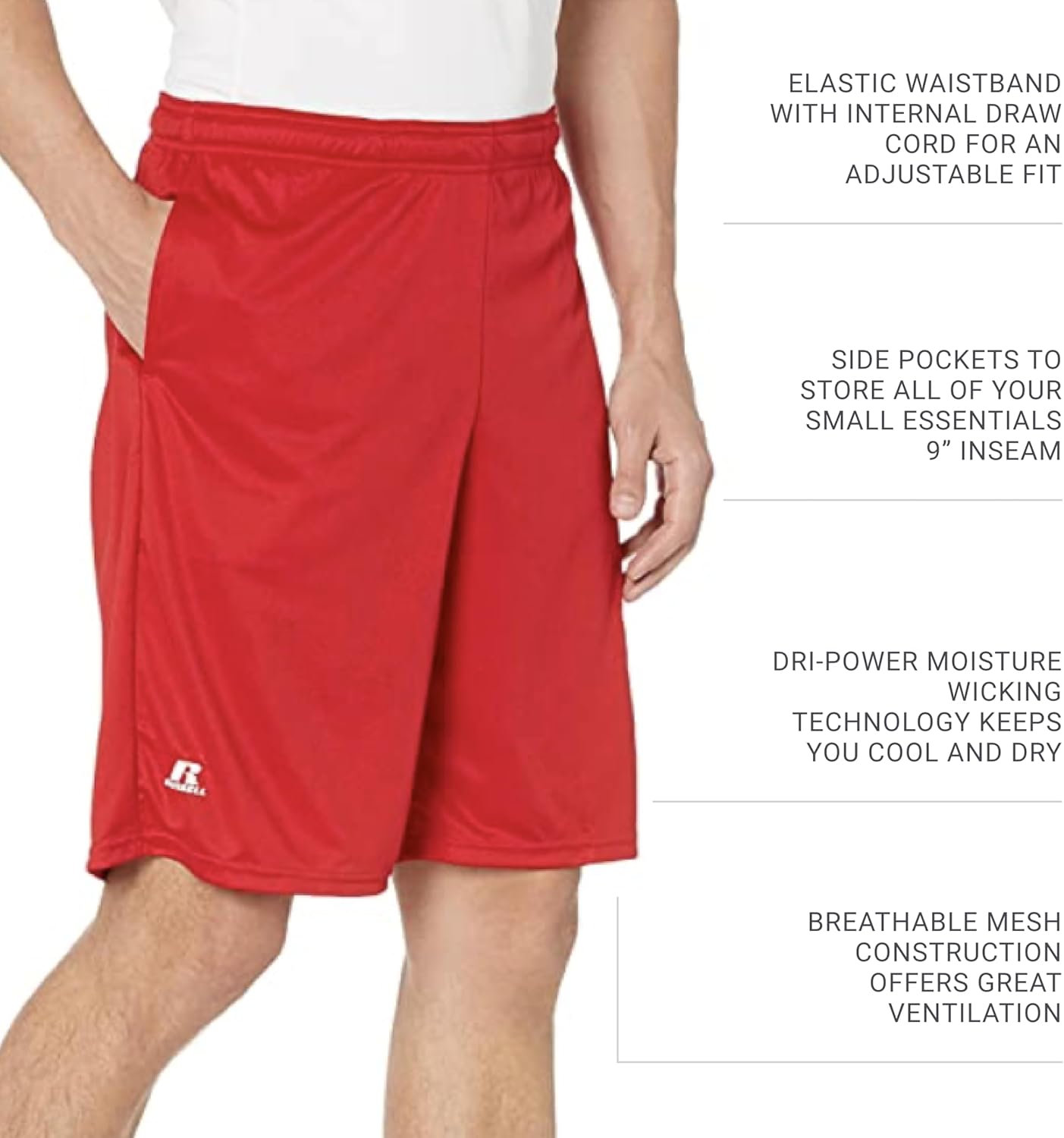 Russell Athletics Men's Performance Shorts - Dri Power Fabric with Pocket for Gym Workouts