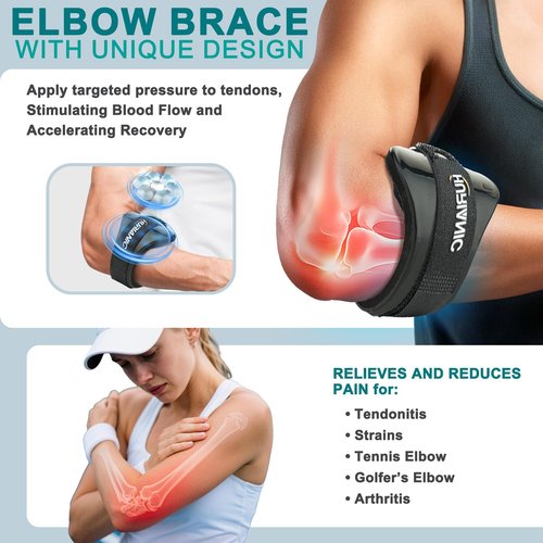HURIANIC Tennis Elbow Brace for Men & Women, Elbow Strap Support for Tendonitis and Golfers Elbow Pain Relief, Counterforce Forearm Brace Band with Pad Black