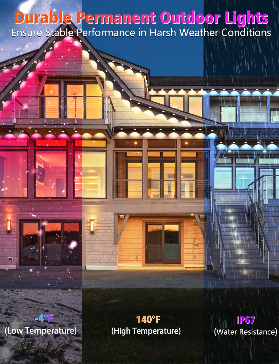 BSGlobal 200FT Permanent Outdoor Lights, 120 LED Smart RGB&IC Outdoor Eave Lights with App/Remote, 209 Scene Modes, IP67 Waterproof Outside Light for House Party Christmas Decor