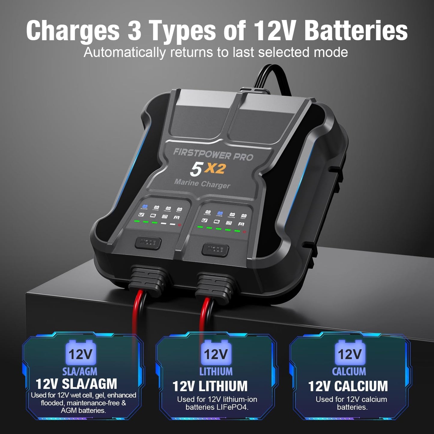 2 Bank Marine Battery Charger - 10A Waterproof Onboard Maintainer for SLA/AGM & Lithium Batteries