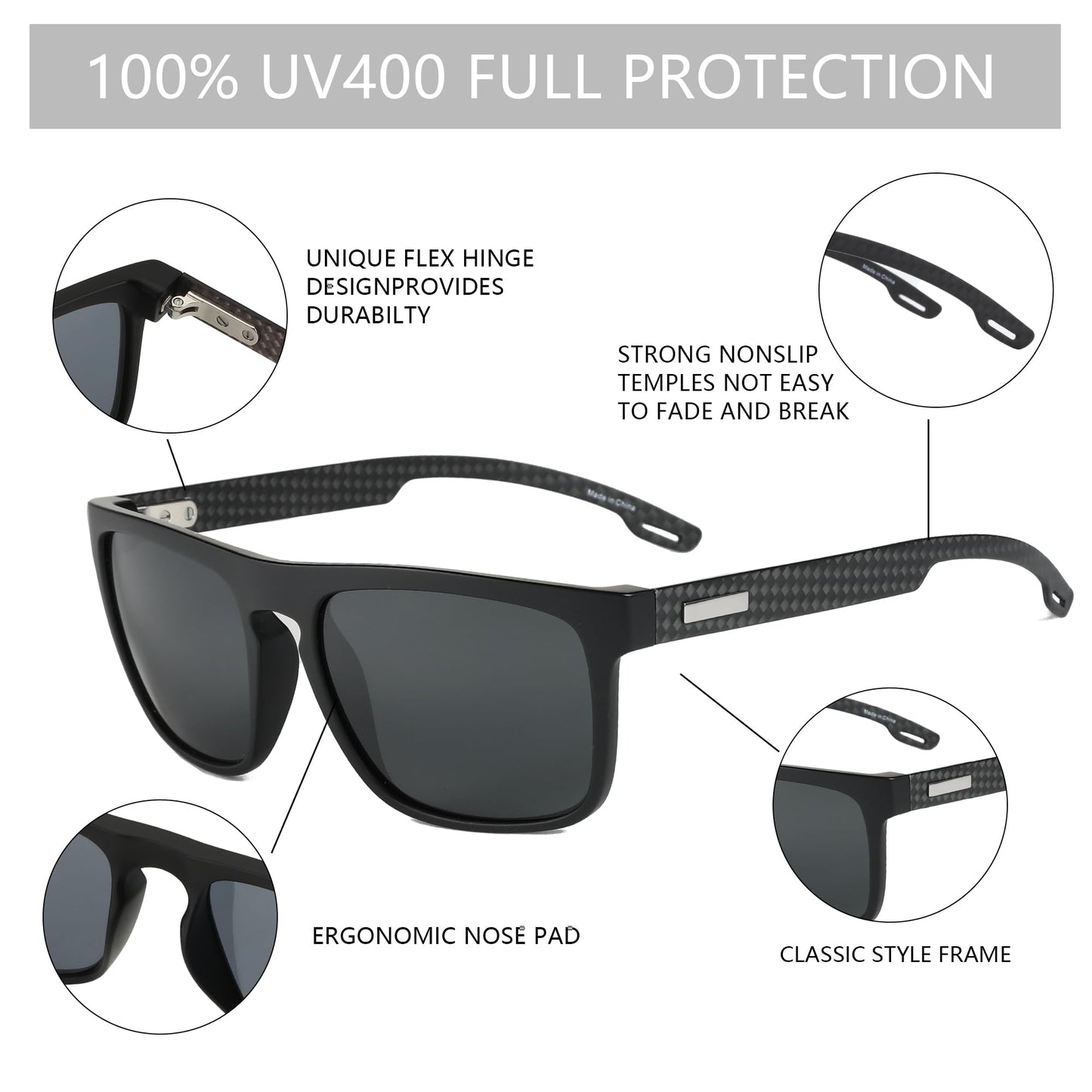 ZENOTTIC Polarized Sunglasses Men Square: Unbreakable TR90 Frame Carbon Fiber Temple UV400 Protection Sun Glasses for Driving