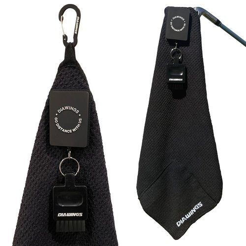 Diawings All in One Golf Towel, 5-in-1 Multi-Functional Golf Towel, with Magnetic Hold, Waffle Weave Microfiber Club & Ball Towel, Retractable Brush, Carabiner Clip – Ultimate Golf Accessory (Black)