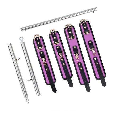 Spreader Bar Heavy Duty Stainless Steel Expandable Silver Bar Home Gym with 4pcs PU Purple Adjustable Strap,Sports Aid Training Fitness Gear Pilates Aid Kit,Yoga Set (Silver+Purple PU Kit)