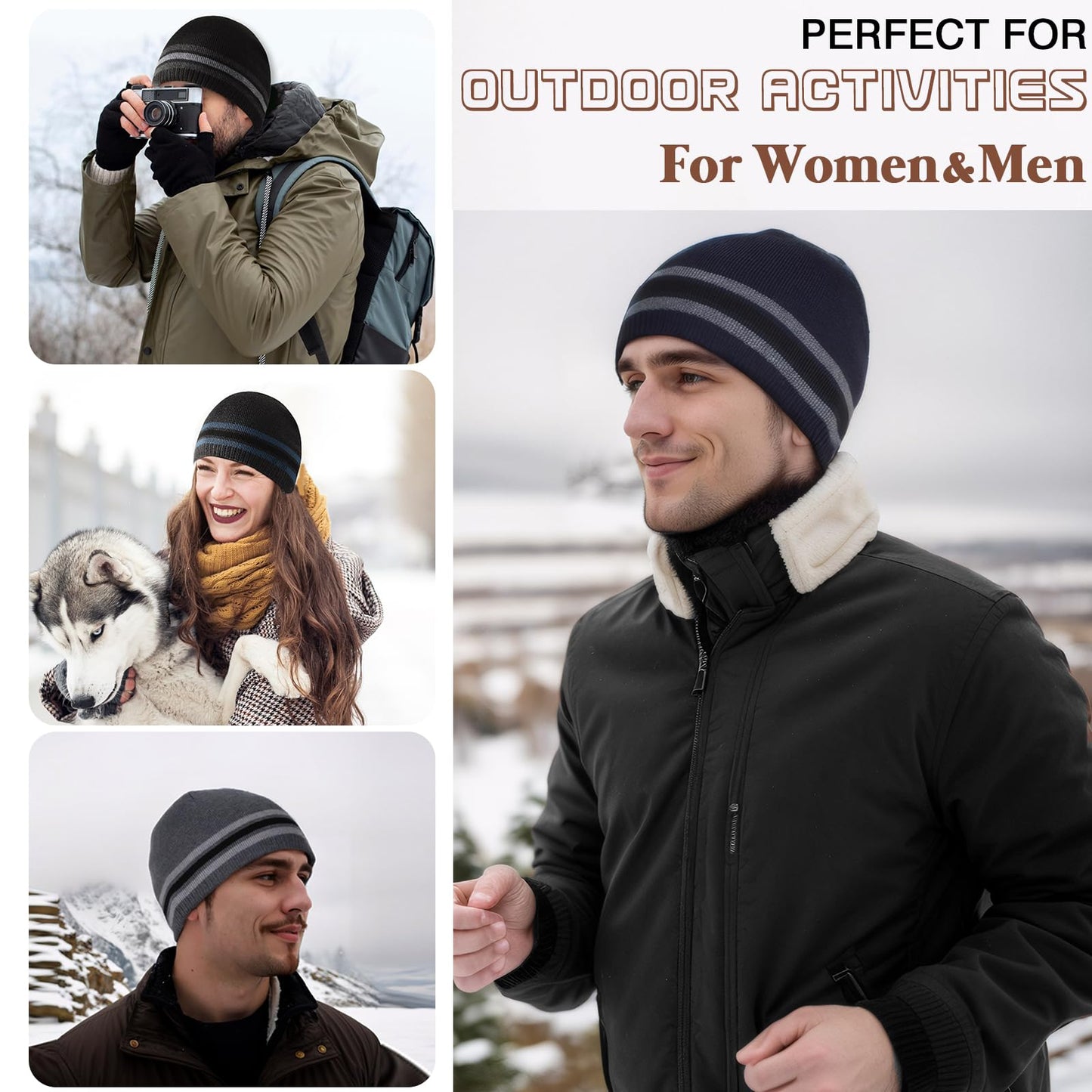 TUVATU Knitted Striped Beanie for Men Women, Fleece Lined Winter Hat, Warm Windproof Unisex Soft Ski Beanie Cap for Autumn Winter, Black