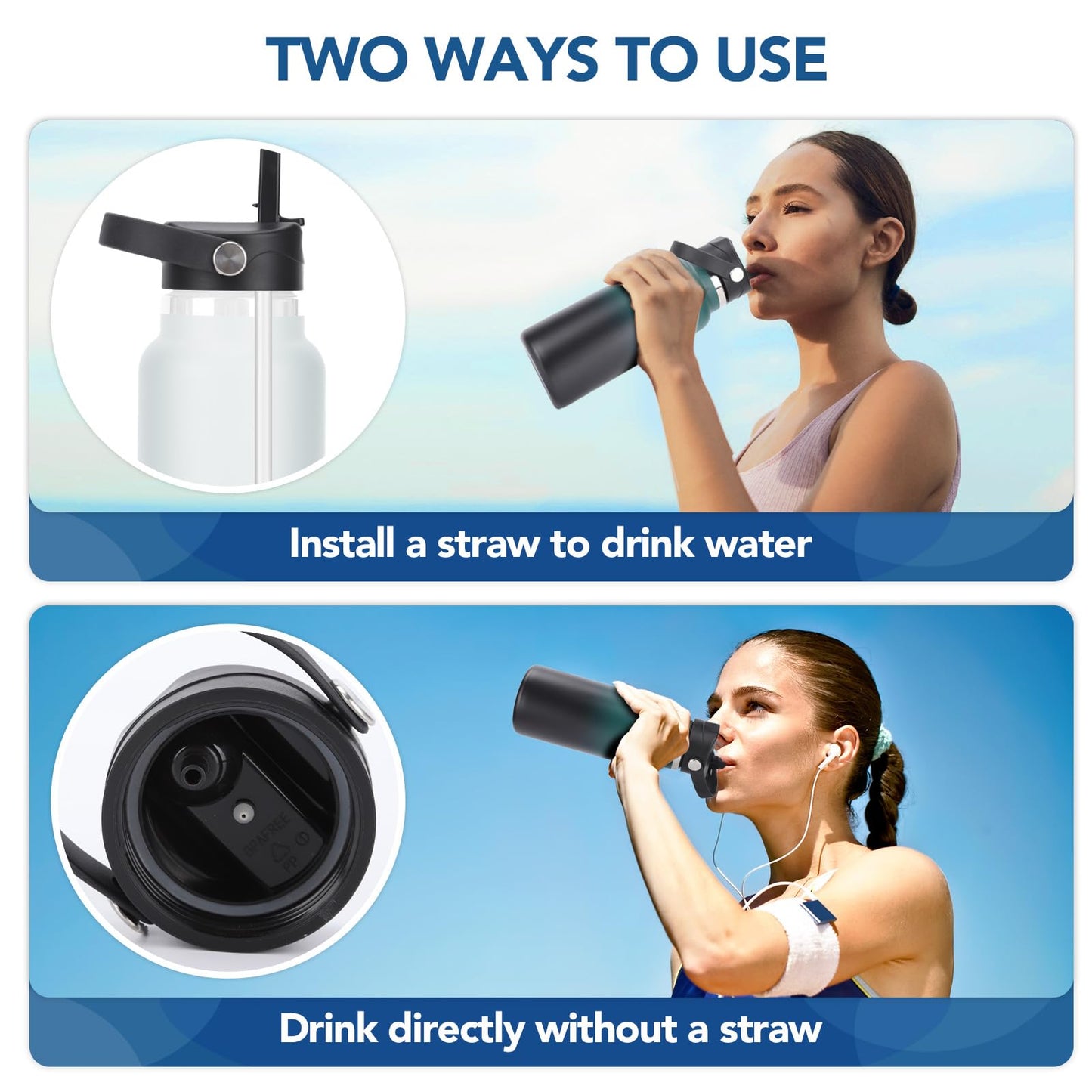 Straw lid for Wide Mouth Water Bottle 12oz 32oz 40oz 64oz 128oz, Compatible With Hydroflask Bottle, Replacement Cap Straw Cap With Big Nozzle, Lid with Straws and Brush with Flexible Handle
