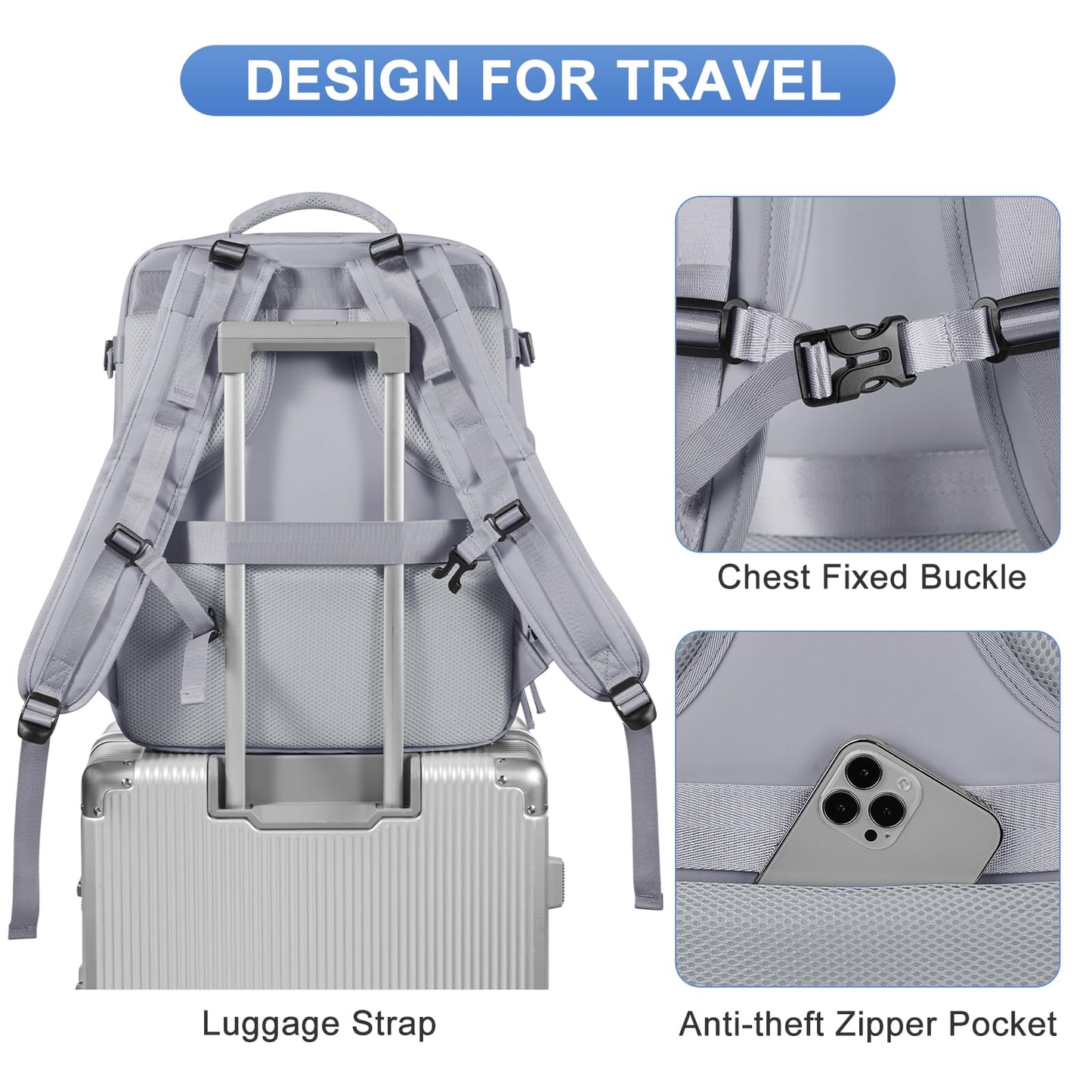 Grey Travel Backpack - Carry On Flight Approved Mochila De Viaje Personal Item - Large Backpack for Men & Women - 18x14x8 Inches