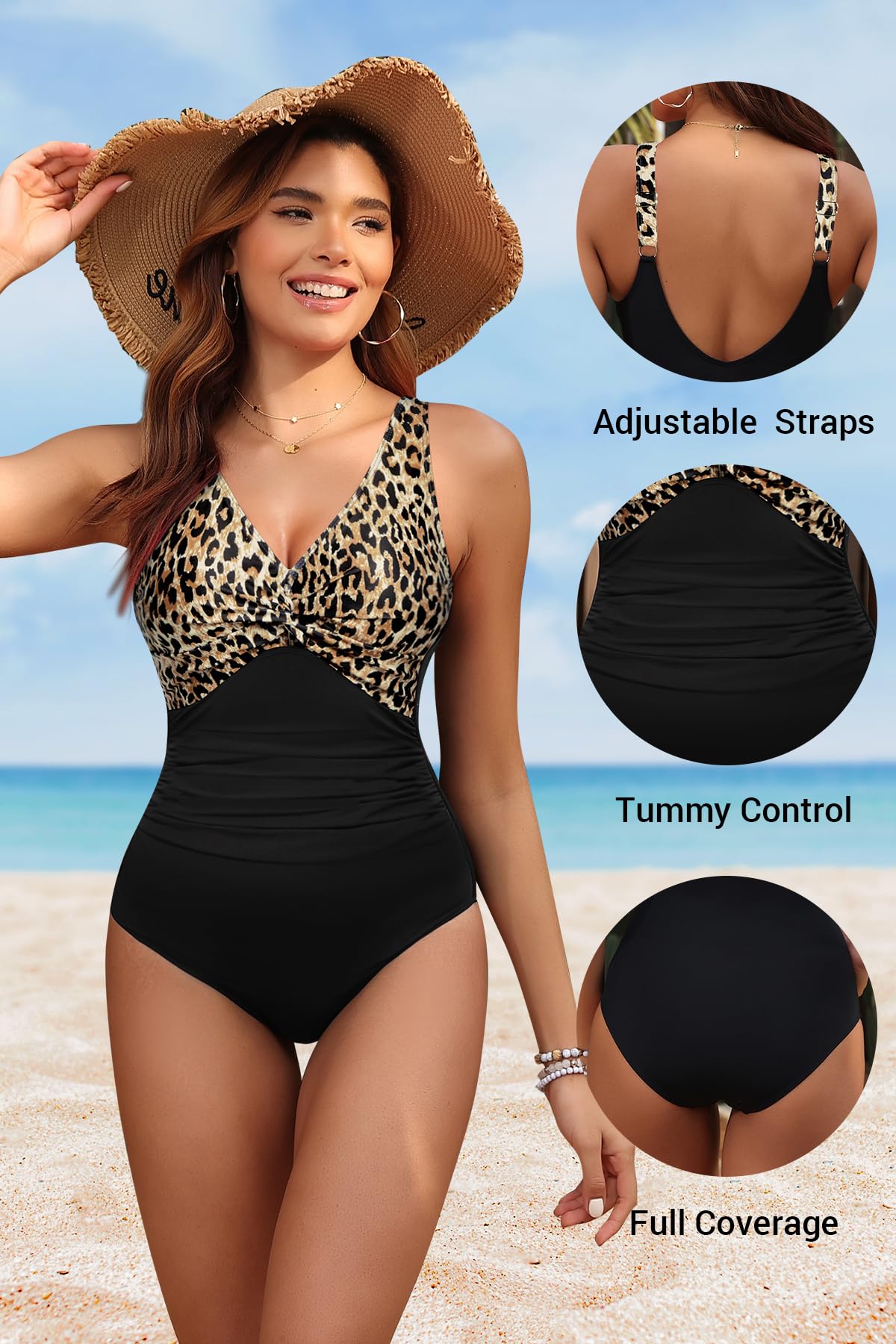 Holipick Black Leopard Women Tummy Control One Piece Swimsuit - Push Up Bathing Suit Full Coverage Slimming Swimwear XL