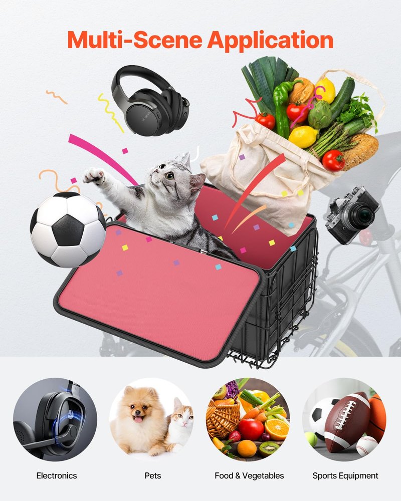 VEVOR Rear Bike Basket, Folding Wire Bicycle Basket with Cargo Net, Removable Liner Bag & Waterproof Cover, Quick Release Design Bike Basket for Adult Women/Men Carrying Dogs Pets Fruit & Grocery