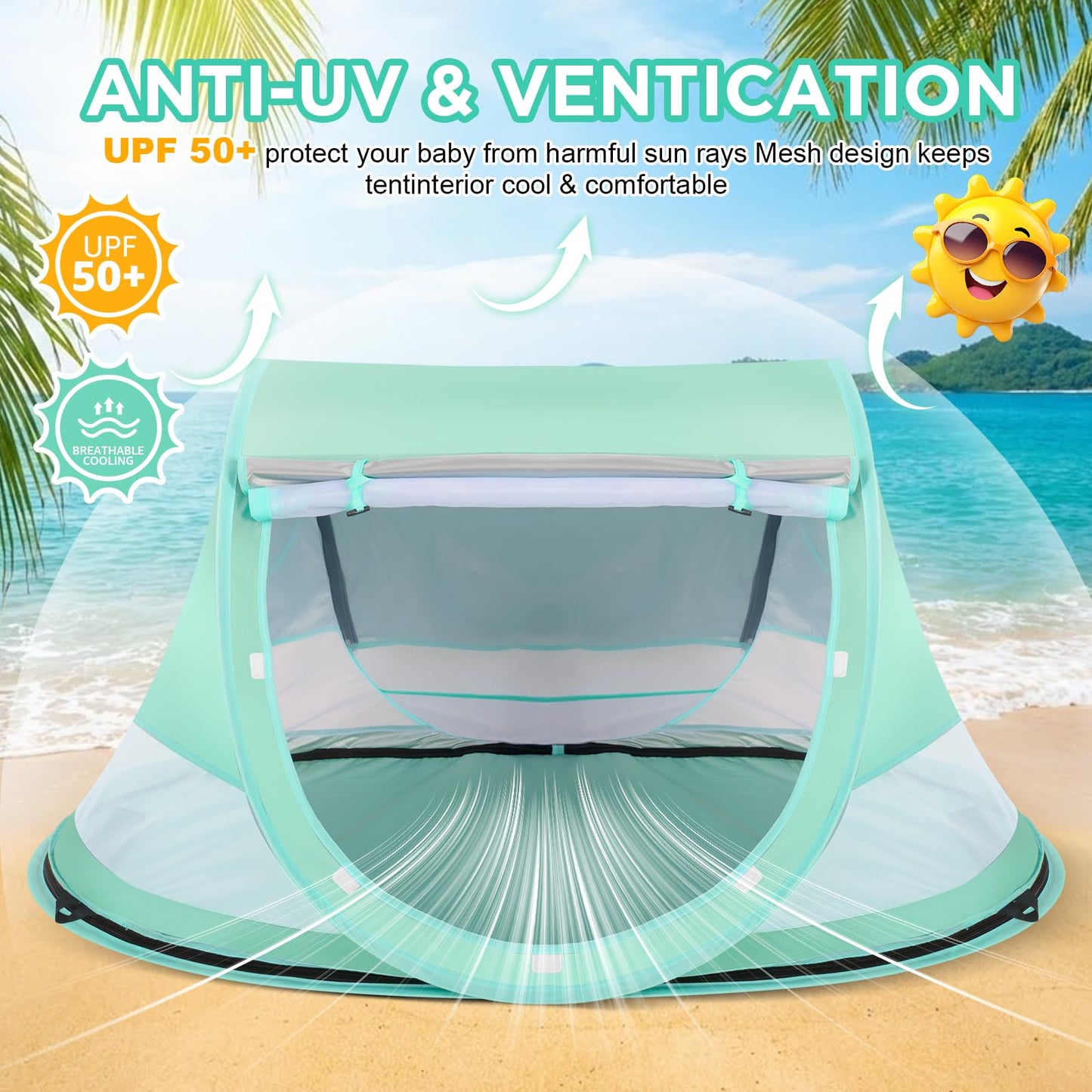 Techip Baby Beach Tent, Pop Up Beach Tent Sun Shade for Beach, UPF 50+ UV Protection Sun Shelters for Infants with Carry Bag for Outdoor Travel, Camping(Green)