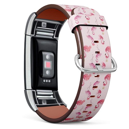 Compatible with Fitbit Charge 2 - Leather Watch Wrist Band Strap Bracelet with Stainless Steel Clasp and Adapters (Flamingo Watercolor On)
