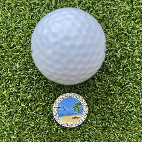 Giggle Golf Bling Beach Collection Golf Ball Markers with Hat Clip – Fun Tropical Golf Accessories for Women – Great Gifts & Tournament Prizes (Beach Scene)