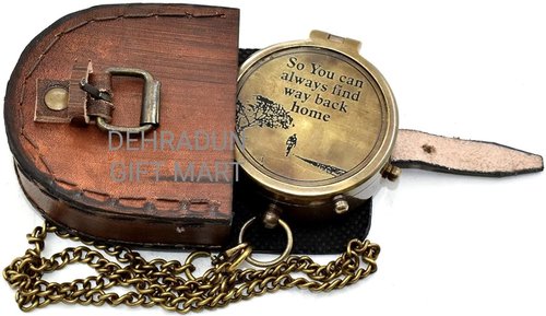 So You Can Always Find Your Way Back Home” Vintage Style Brass Engraved Compass with Leather Case and Chain | Inspirational Nautical Pocket Compass for Hiking Camping