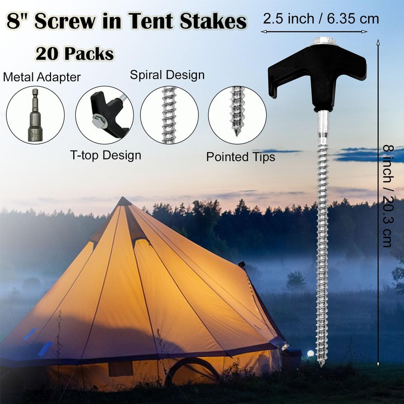 Nexboraque 20 Pack Screw in Tent Stakes, 8 Inch Heavy Duty Ground Anchors with Hex Head Drillable Tent Pegs Camping Stakes for Patio, Garden, Canopies, Grassland, Outdoor (Black)