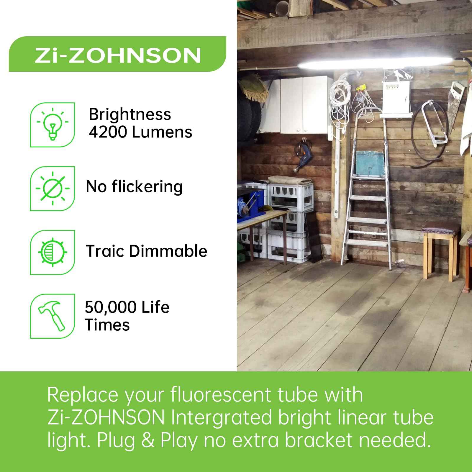 Zi-ZOHNSON 6 Pack 4FT LED Shop Light for Workshop,30W 3600LM 5000K,T8 Light Tube Bulbs Double Rows,Milky Cover,High Output,LED Shop Lights for Garage,Warehouse Basement, Garage