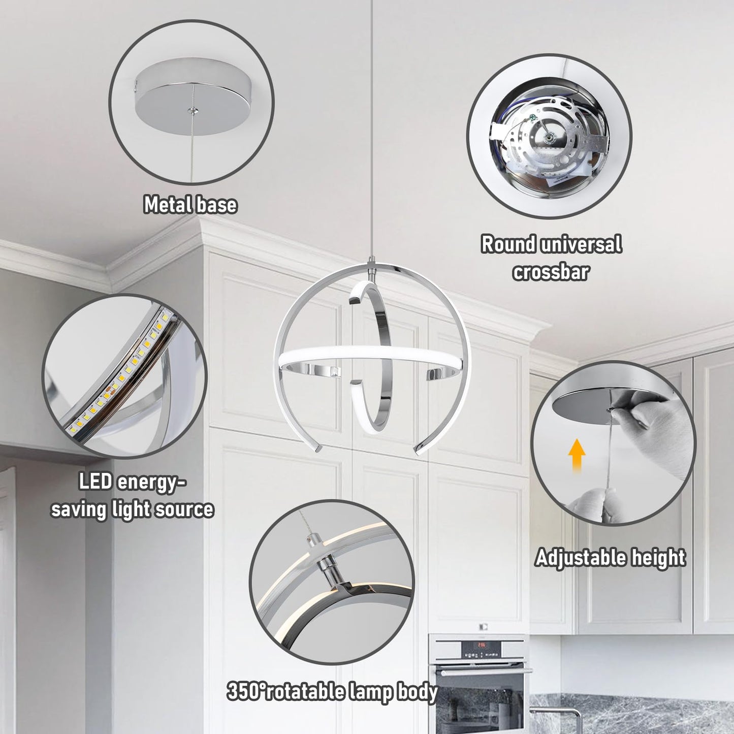 KELUOLY Chrome Modern LED Pendant Light, Silver Dimmable Metal Globe Chandelier, Hanging Ceiling Light Fixture for Room Dining Bedroom Living Room Kitchen Island Hallway Entryway Foyer 13 Inch