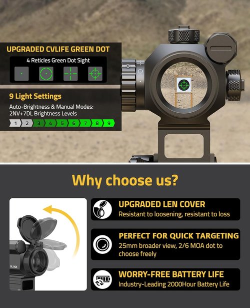 CVLIFE Red/Green Dot Sight - Auto-Brightness Multi-Reticle Scope with Quick Detach | 6 MOA Dot, 43 MOA Circle, IPX7 Waterproof