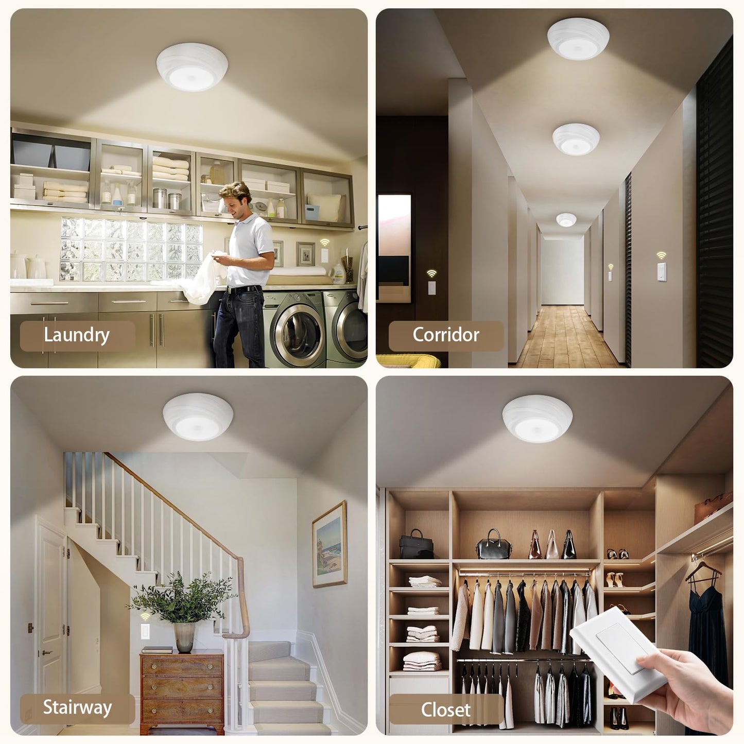 SURAIELEC Battery Ceiling Light with Wall Switch, Motion Sensor Light Indoor, Wireless Wall Switch Remote, 6500K, 300LM, Battery Powered Ceiling Light for Closet, Pantry, Laundry, and Shed, 1-Pack