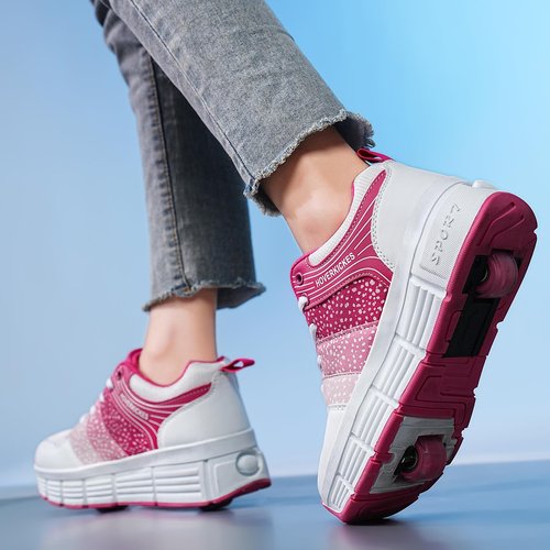 HOVERKICKES Kids Roller Skate Shoes with Wheels Roller Sneakers for Boys Girls Kids Deformation Wheeled Shoes ﻿ Pink