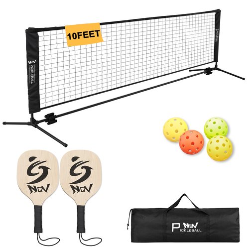 NQV Pickleball Set with Net - 10FT Half Court Size Net+2 Wood Paddles+4 Balls+1 Bag, Pickleball Kit Portable Outdoor Driveway Indoor for Adults Kids Family Beginners