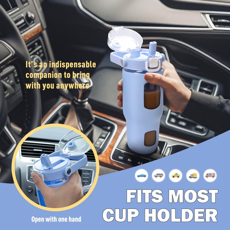 BLUEGO 32oz Glass Water Bottles with Straw Time Marker Half Gallon Large Motivational Water Bottle with Silicone Sleeve 2 Liter Large Glass Water Jug for Gym, Sports& Workout, Daily, Light Blue