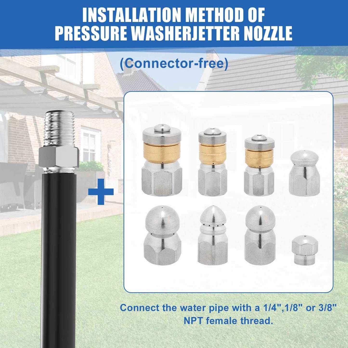 10pcs Sewer Jetter Nozzle Kit Stainless Steel, Pressure Washer Sewer Jetter Nozzle, 1/4" & 3/8" NPT Quick Connectors, 5000 PSI
