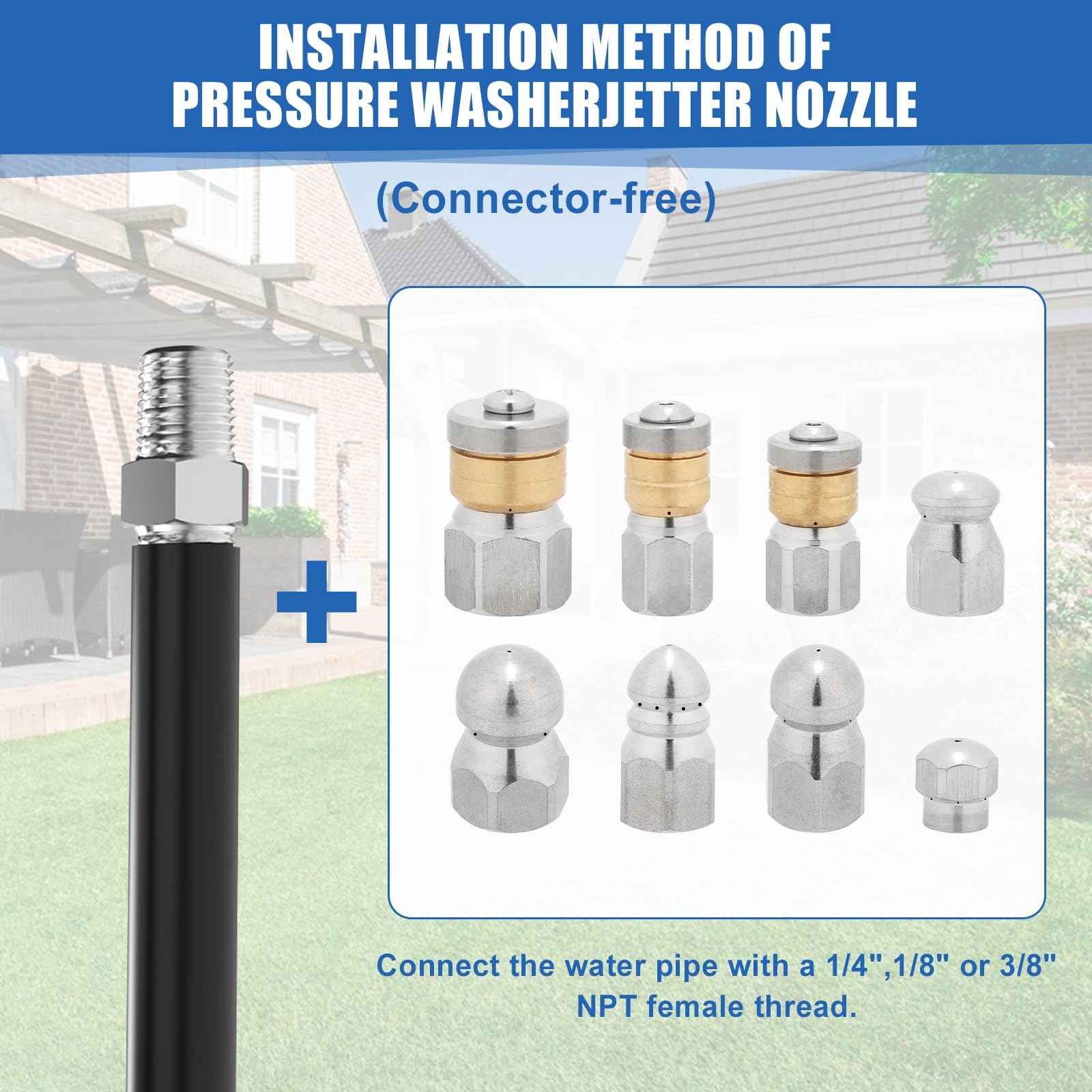 10pcs Sewer Jetter Nozzle Kit Stainless Steel, Pressure Washer Sewer Jetter Nozzle, 1/4" & 3/8" NPT Quick Connectors, 5000 PSI