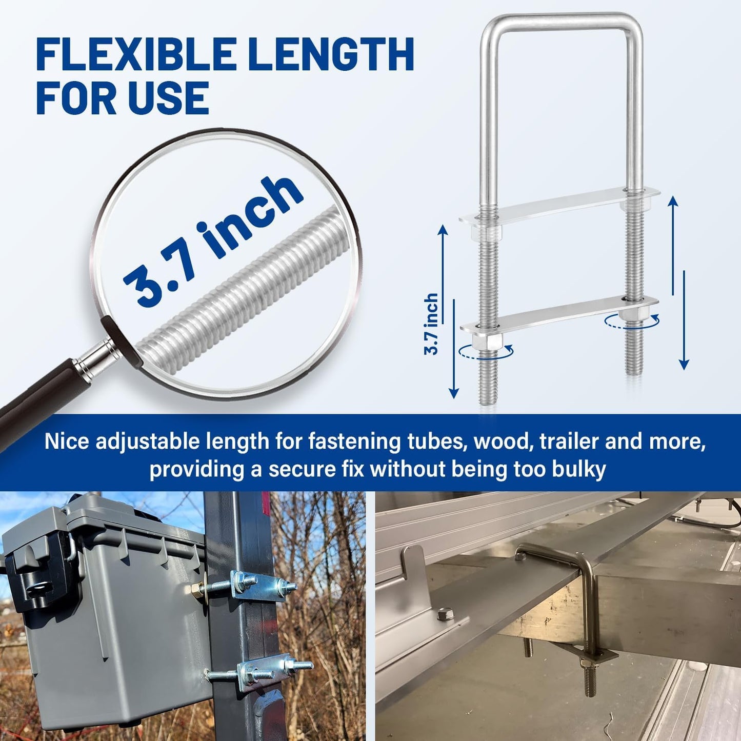 Anina 4PCS Square U Bolts with Frame Plates and Nuts 3/8'' X 3'' X 7'' Stainless Steel U Clamp Bolts for Automobiles Trailer, Ski Boat, Tube, Sailboat Trailer