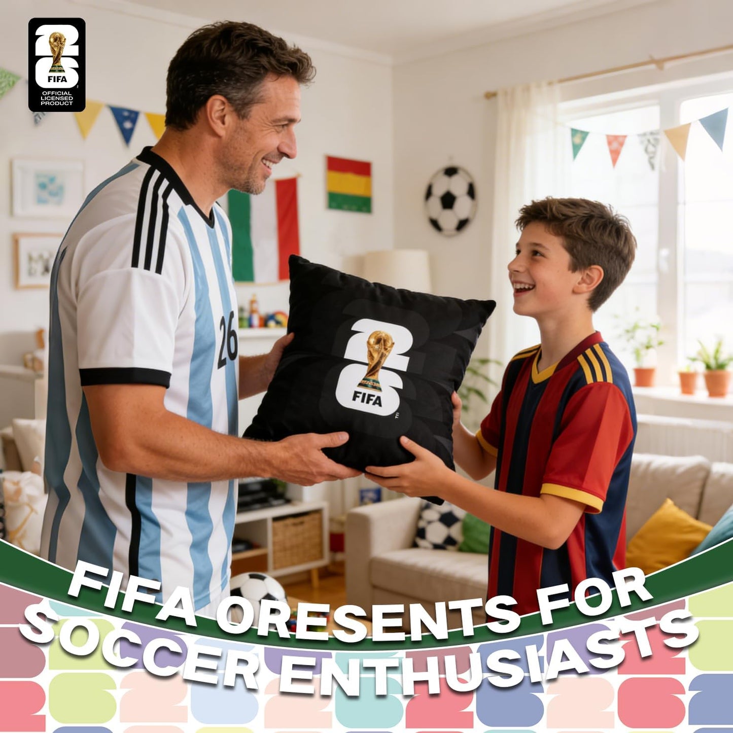 MESUCA FIFA World Cup 2026 Trophy Throw Pillow - Plush 18x18 Inch Cushion for Home Decor | Perfect Gift for Soccer Fans
