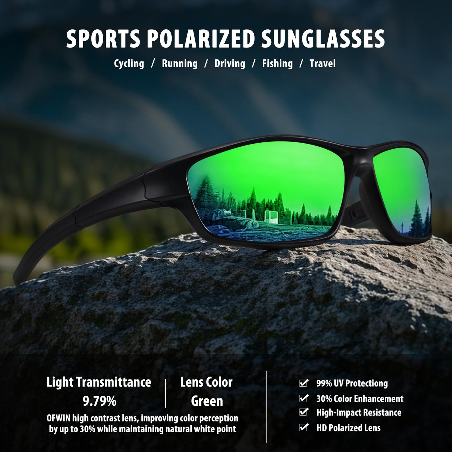 Ofwin Polarized Sports Sunglasses for Men Women Driving Cycling Fishing Wrap Around Sun Glasses UV400 Protection Matte Black Frame/Green Mirror Lens