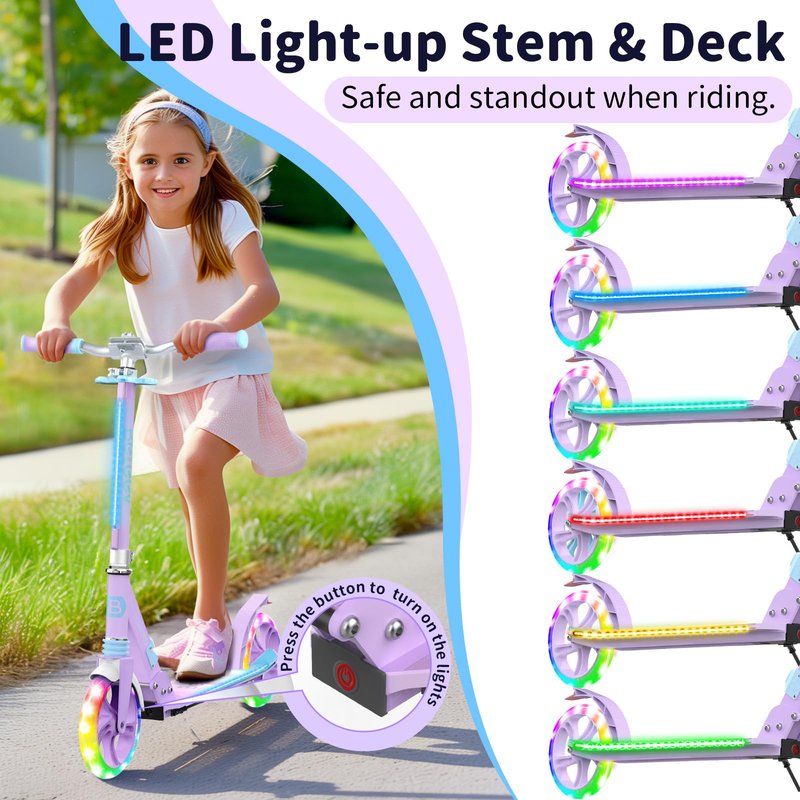 BELEEV V8 Scooters for Kids Ages 6+ with Light-Up Wheel & Stem & Deck, 2 Wheel Folding Scooter for Adults Teens, 4 Adjustable Height, Lightweight Sport Commuter Scooter, up to 220lbs(Light Purple)