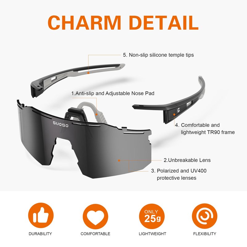 suoso Cycling Polarized Sunglasses for Men: UV400 Protection Glasses Running Baseball Softball Sports Goggles for Youth Women