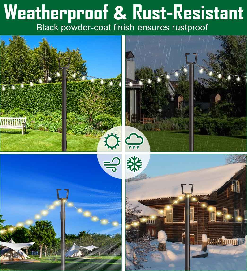 Tigerden 10Ft String Light Poles for Outside, Adjustable Metal Poles for Outdoor String Lights, Rustproof & Sturdy Light Stand Posts for Patio, Backyard, Deck, Garden, Party Decorations