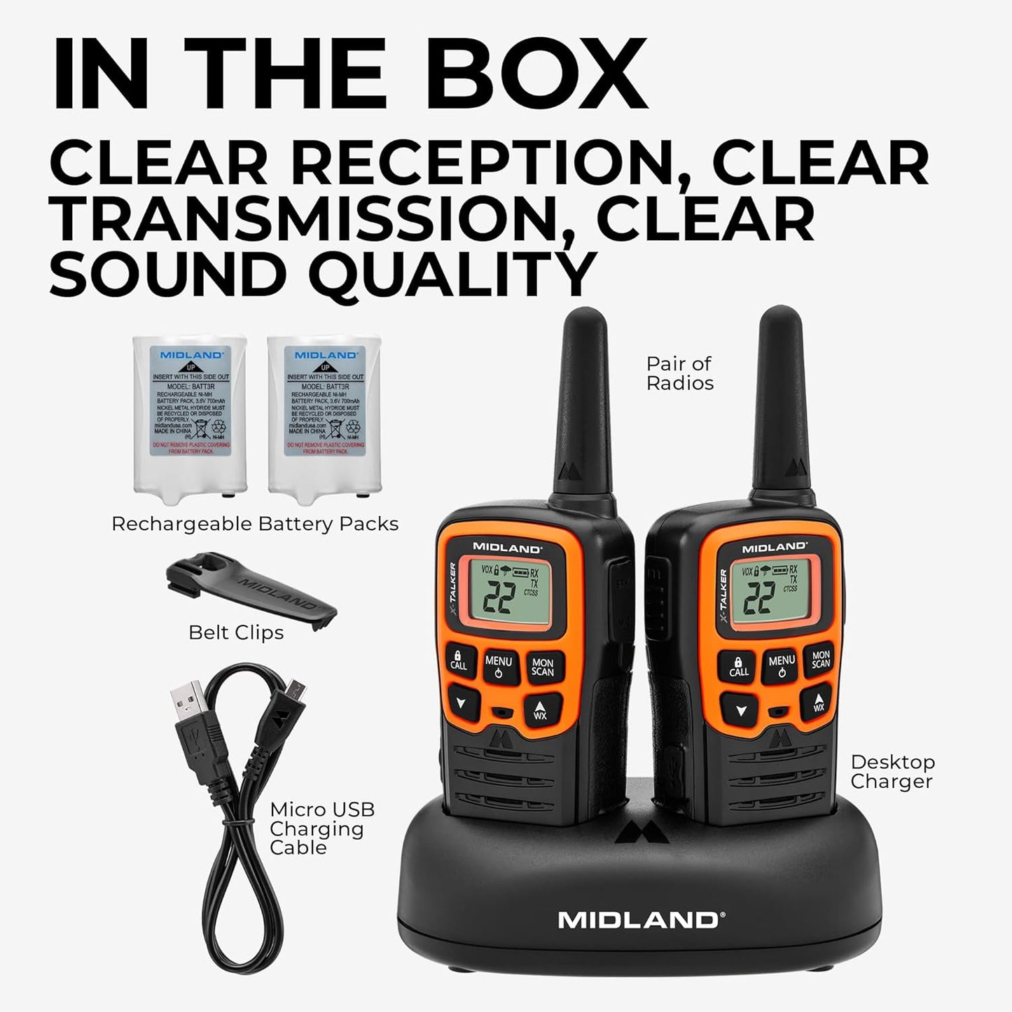 Midland T51VP3 X-TALKER Walkie-Talkie - Long Range FRS Two-Way Radio for Kids | NOAA Weather Alert - Black/Orange - 2 Pack