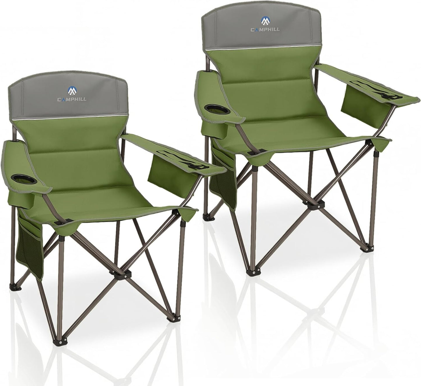 Skiennix Oversized Camping Chairs 2 Pack - Heavy Duty 400LBS Padded Lawn Chairs with Cooler Bag & Cup Holder | Olive Green
