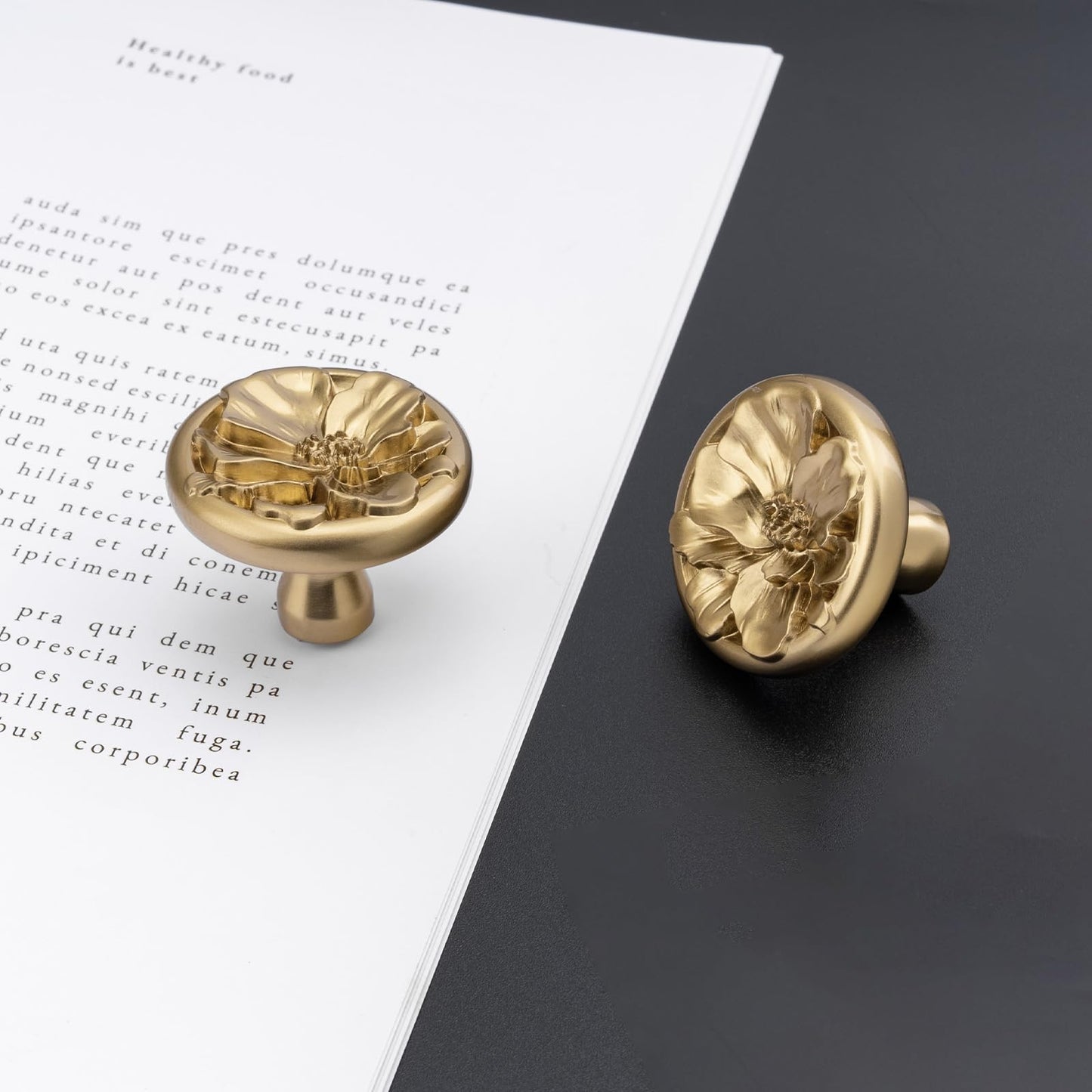 Rergy 2 Pack Cabinet Knobs for Drawer Dresser Closet, Flower Shape Lemen Gold Drawer Knobs, Brushed Brass Cabinet Hardware, Pulls Handles Single Hole