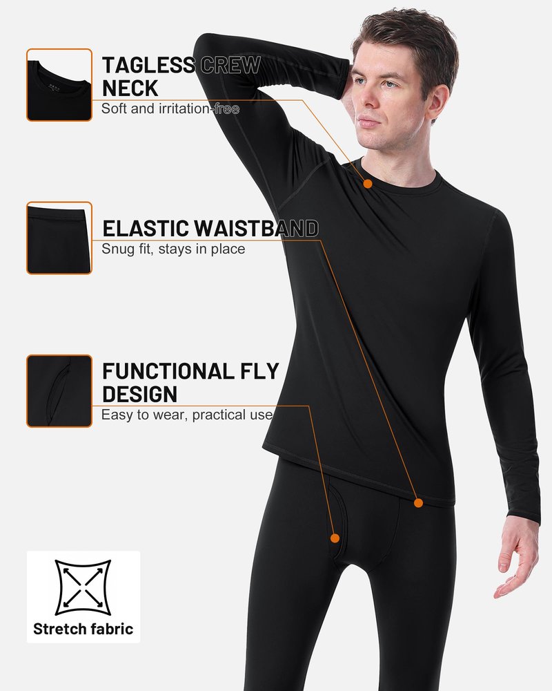 Runhit Thermal Underwear for Men Fleece Lined Long Johns Base Layer Top Bottom Set Cold Weather Gear Hunting Running Skiing Cycling Black M
