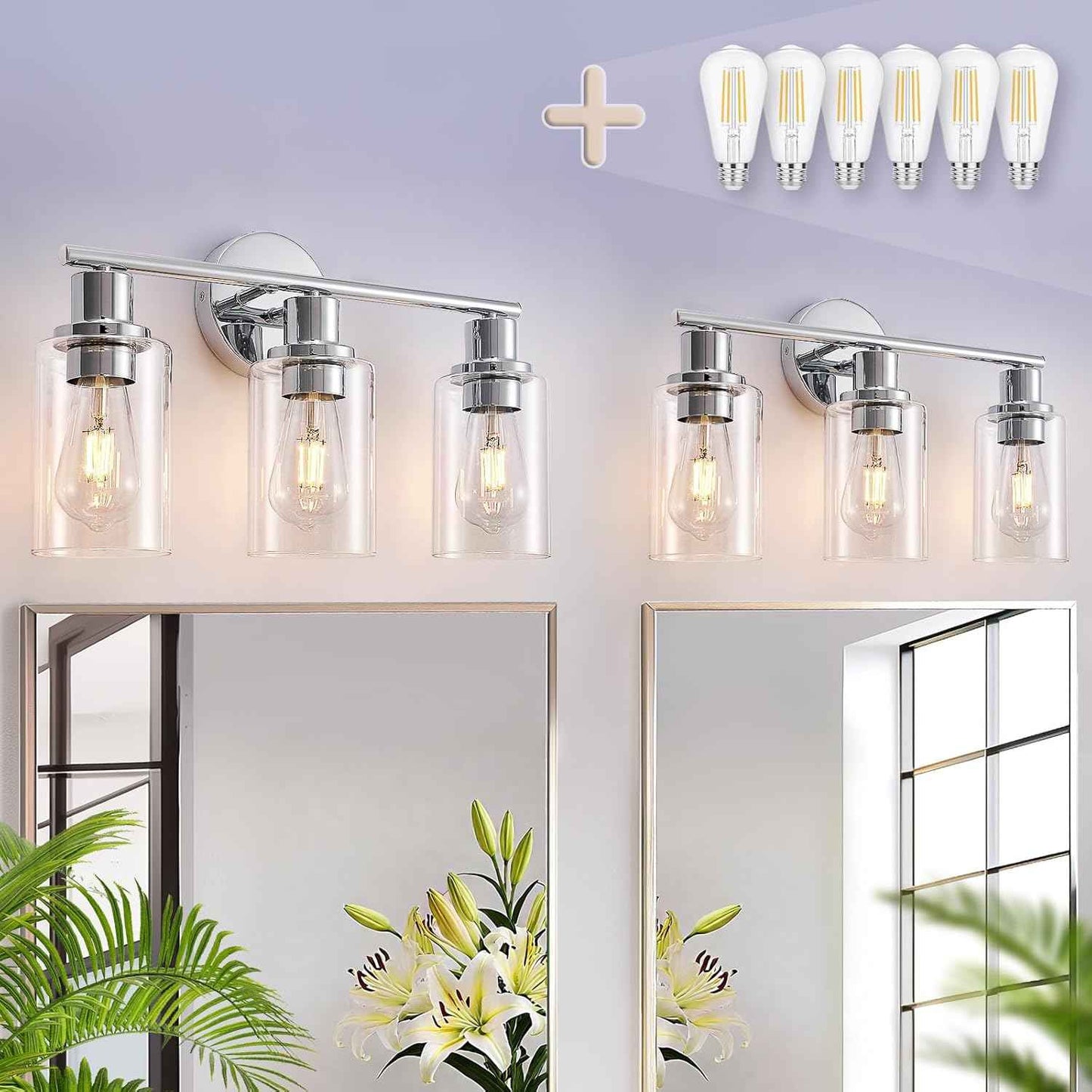 Modern Black 3-Light Bathroom Vanity Light Fixtures with Clear Glass Shades - 2 Pack