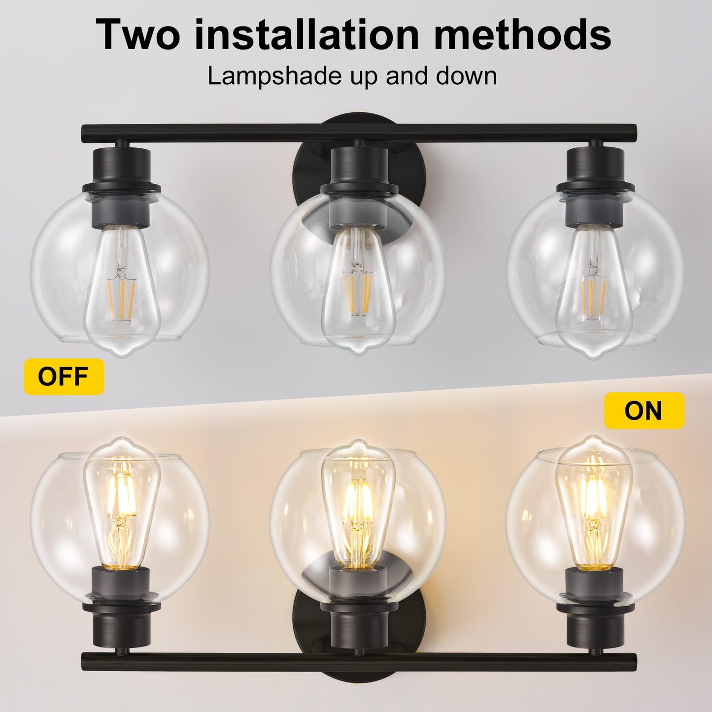 Lanmate Bathroom Light Fixtures Over Mirror 3-Lights Bathroom Vanity Light with Clear Globe Glass Shade 22 inch Modern Black Vanity Lights Wall Sconce Lighting for Bath